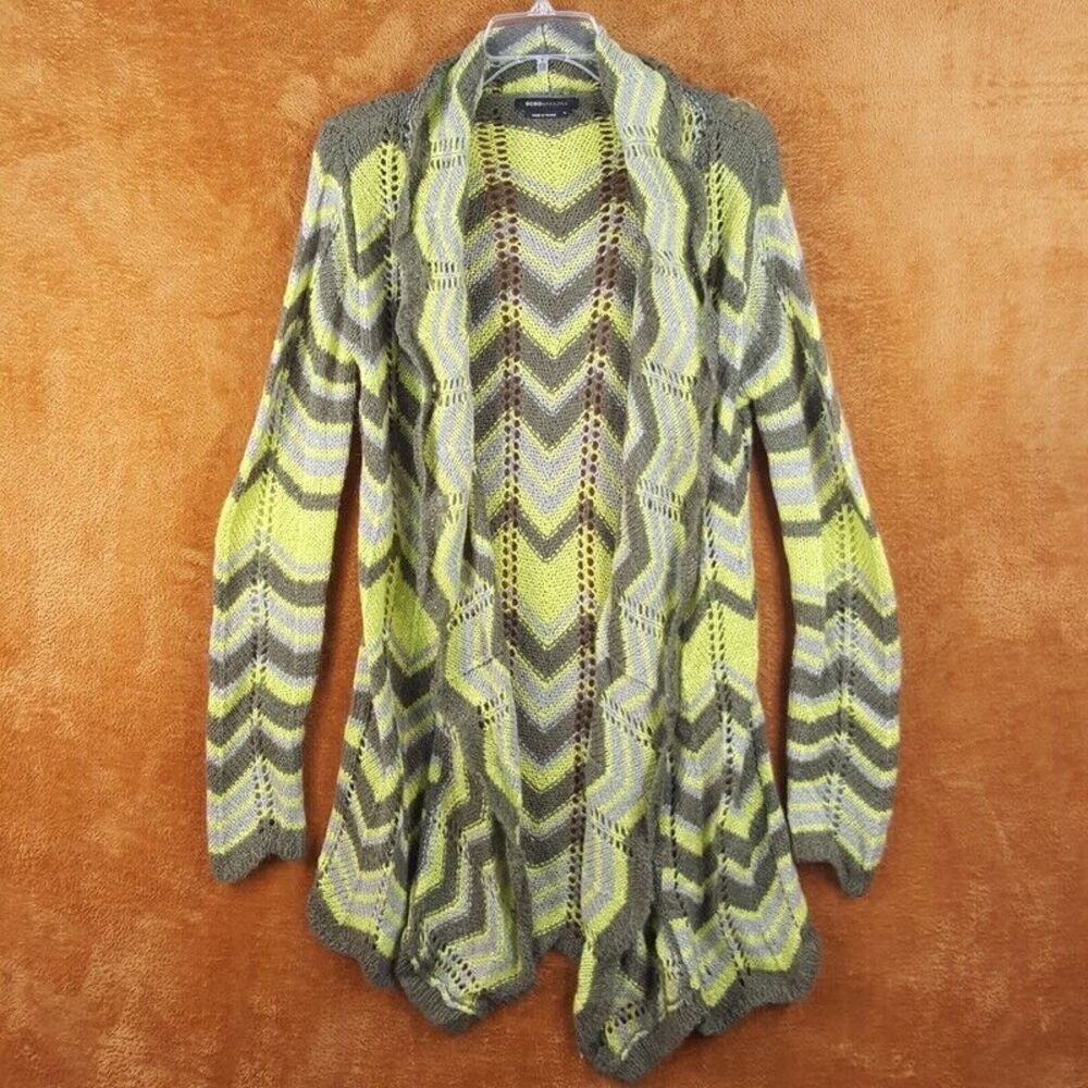 BCBG MAXAZRIA Womens Sweater Medium Green Cardigan Chevron Stripe Loose Knit